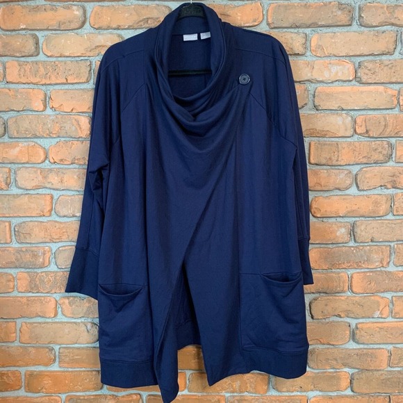 Chico's Zenergy Open Front Cardigan Women Size XL Petite Blue Draped Knit Jacket - Picture 1 of 7